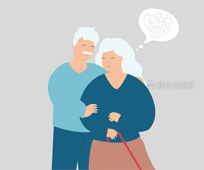 患有精神障碍的老年妇女需要帮助。婚姻和支持的概念。老年人在与健忘症、痴呆症、阿尔茨海默病和记忆丧失作斗争。