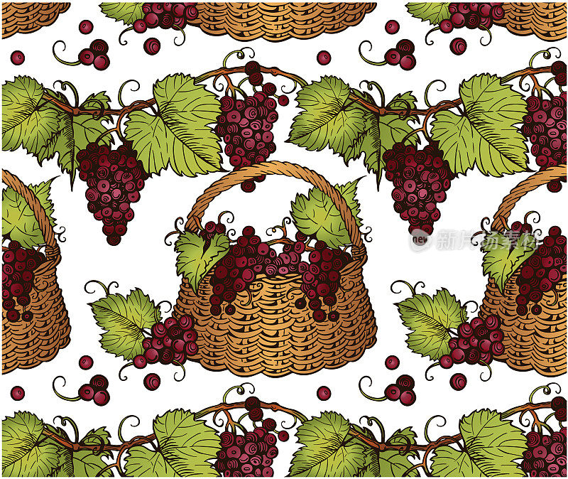 白色背景上，红色的葡萄串和绿色的叶子在篮子里。