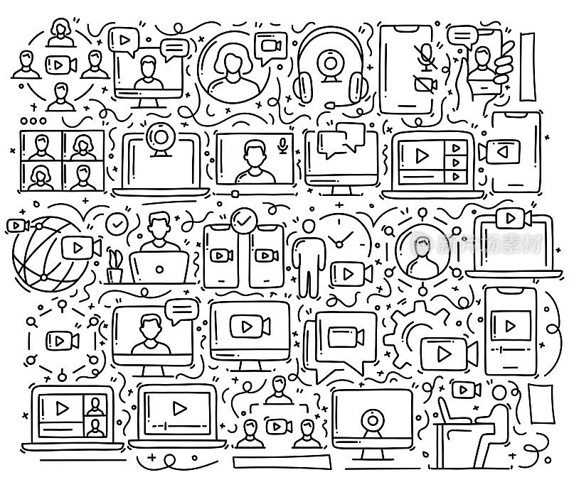 在线会议和视频通话相关对象和元素。手绘矢量涂鸦插图集合。手绘图案设计