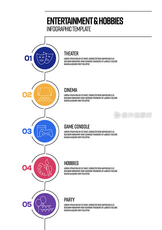 娱乐和爱好概念矢量线信息图形设计图标。5选项或步骤，横幅，工作流程布局，流程图等。