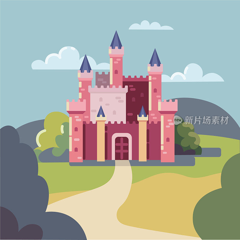 童话般的中世纪城堡坐落在山上。矢量插图哥特式宫殿与塔或古老的城堡在卡通风格。