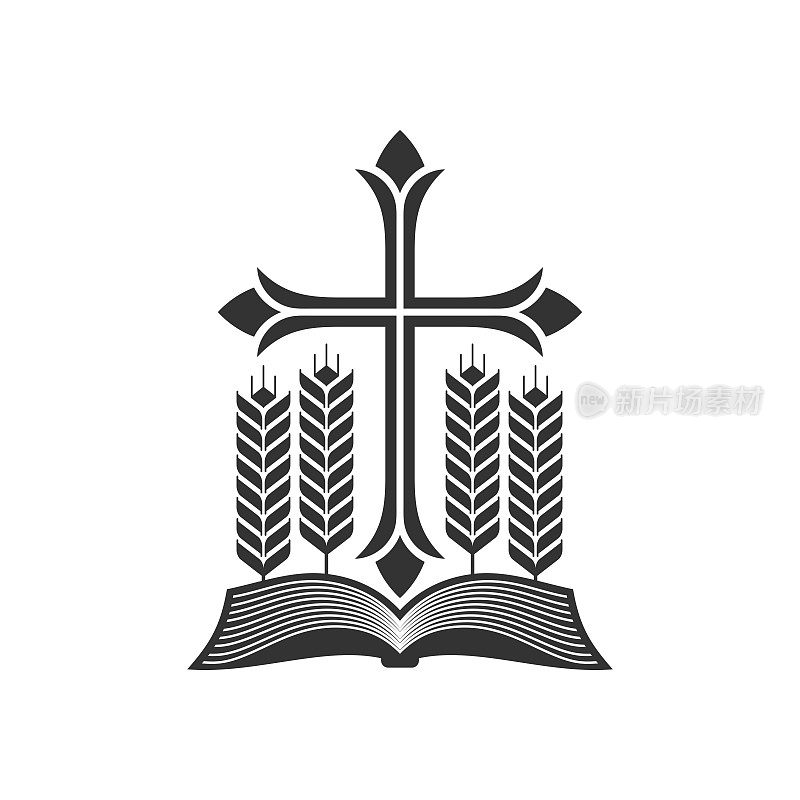 基督教的插图。打开圣经，成熟的玉米穗和耶稣的十字架。