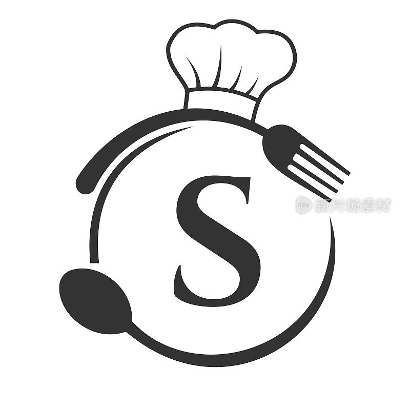 餐厅标志，餐厅标志在字母s厨师帽子，勺子和叉子餐厅符号向量模板