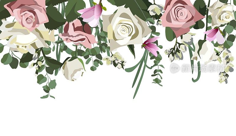 矢量背景与花卉安排。植物组成的婚礼或贺卡。玫瑰、茉莉、桉树