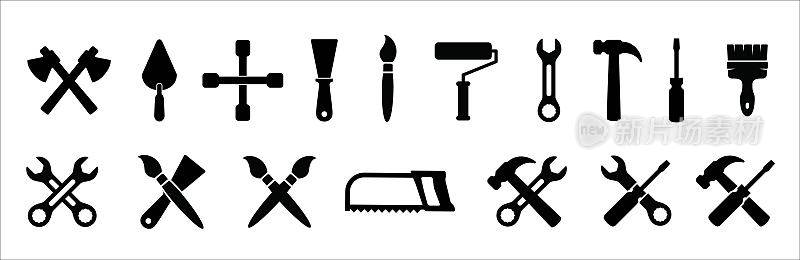 工具图标集。构建矢量图标设置。建筑工具的迹象。包含轴，凸耳扳手，角，油漆工作，油漆辊，扳手，扳手，钢锯，锤子和螺丝刀的符号。