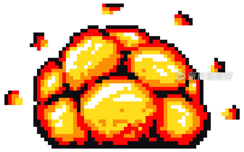 爆炸像素美术游戏风格的复古插画。巨大的橙色火焰和烟雾云