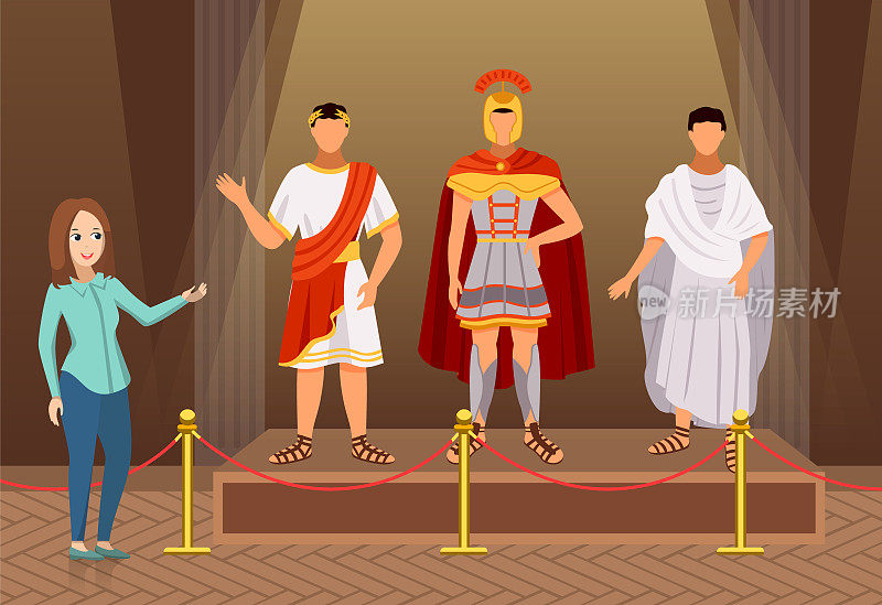 博物馆导游向游客介绍古罗马市民站在古色古香的历史人物旁边