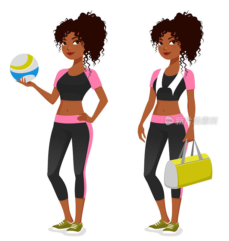 可爱的卡通插图，一个非裔美国女孩穿着健身服，拿着一个排球或运动包。