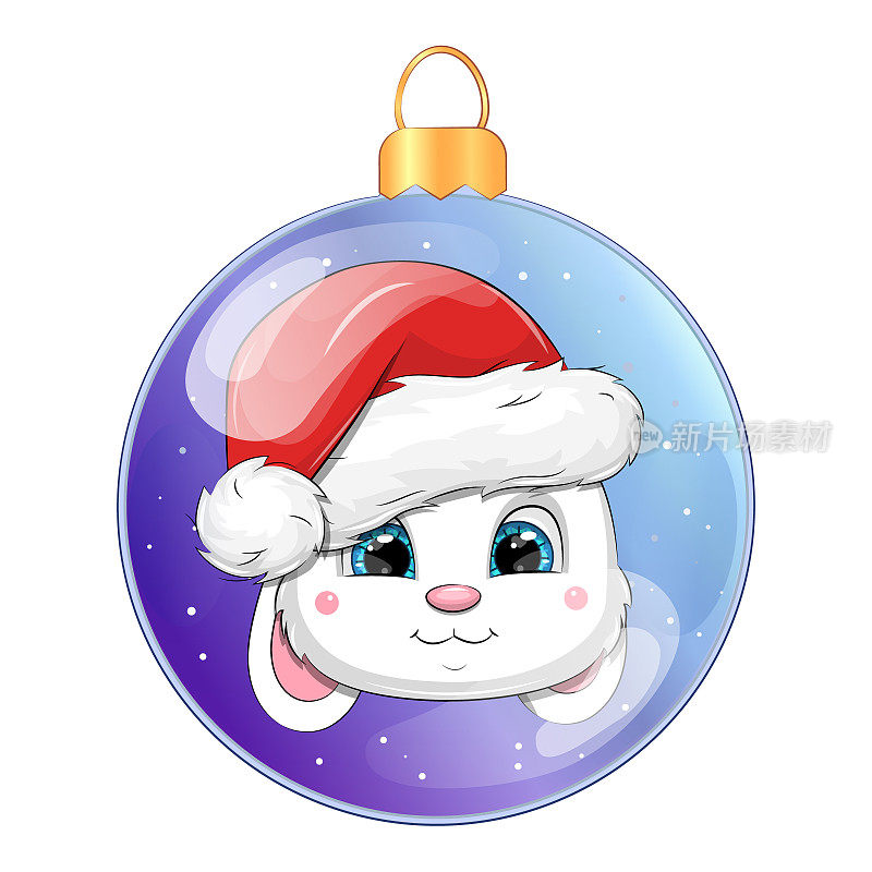 圣诞球，卡通白兔在圣诞老人的帽子。