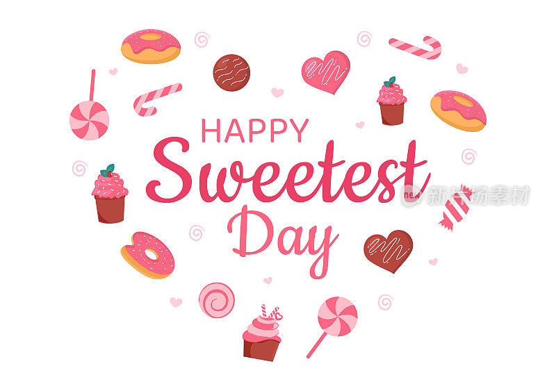 10月21日快乐甜蜜的一天甜蜜的节日活动手绘卡通平面插图与纸杯蛋糕和糖果在粉红色的背景