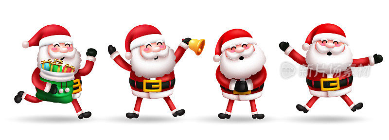 圣诞老人圣诞字符向量集。圣诞老人在3d可爱的人物与站，好玩和微笑的姿势和手势的圣诞系列设计。