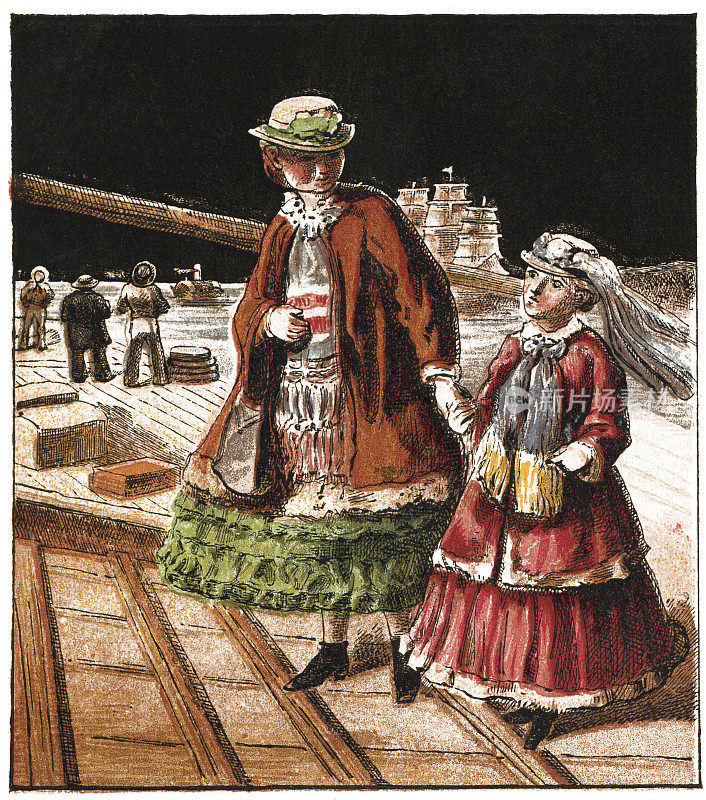 两个维多利亚时代的女孩走在码头上的彩色照相术