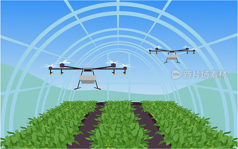 温室中无人机控制的智能农场示意图。农业企业创新技术。自动化的农业。模板用于网页，打印，报告。