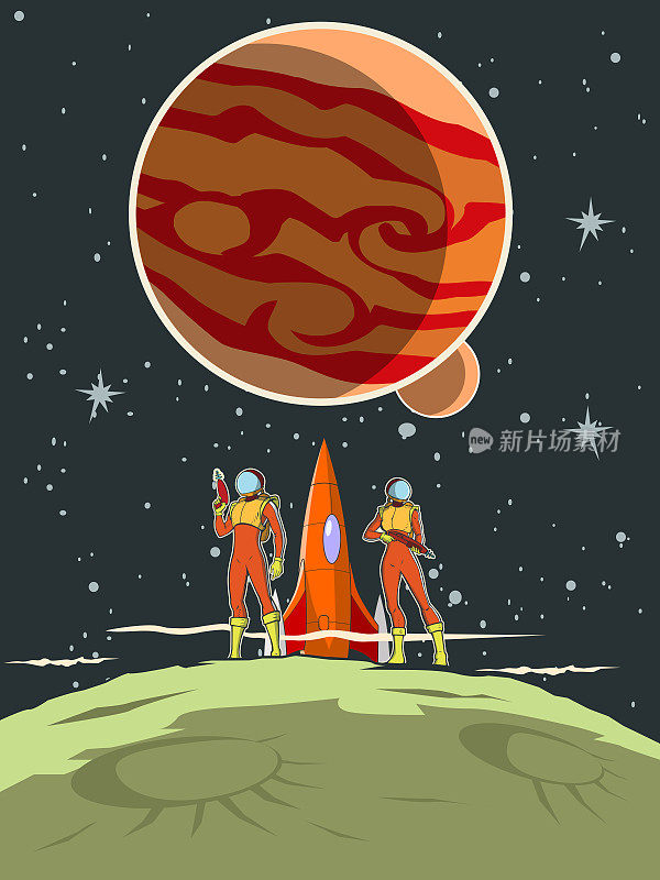 矢量复古宇航员与枪在外太空的小行星上，与他们的宇宙飞船在背景。可供您拷贝的宽阔空间。