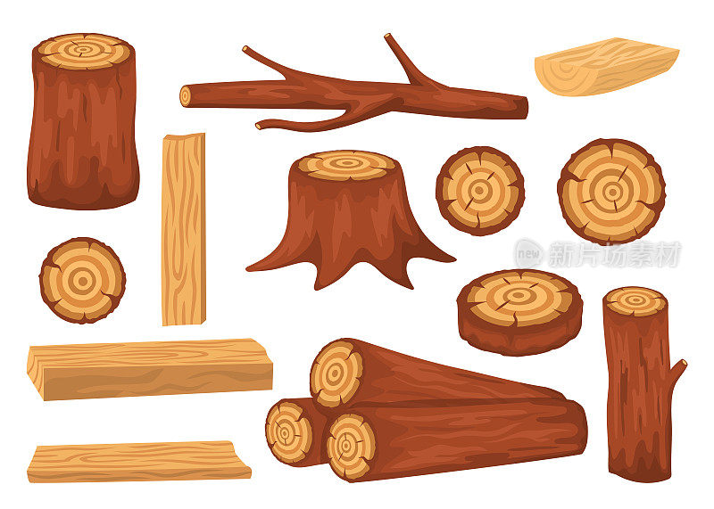 一堆有树枝、木板、树桩和木材的树
