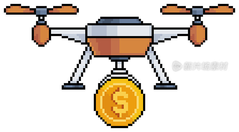 像素艺术无人机与硬币和货币矢量图标8位游戏