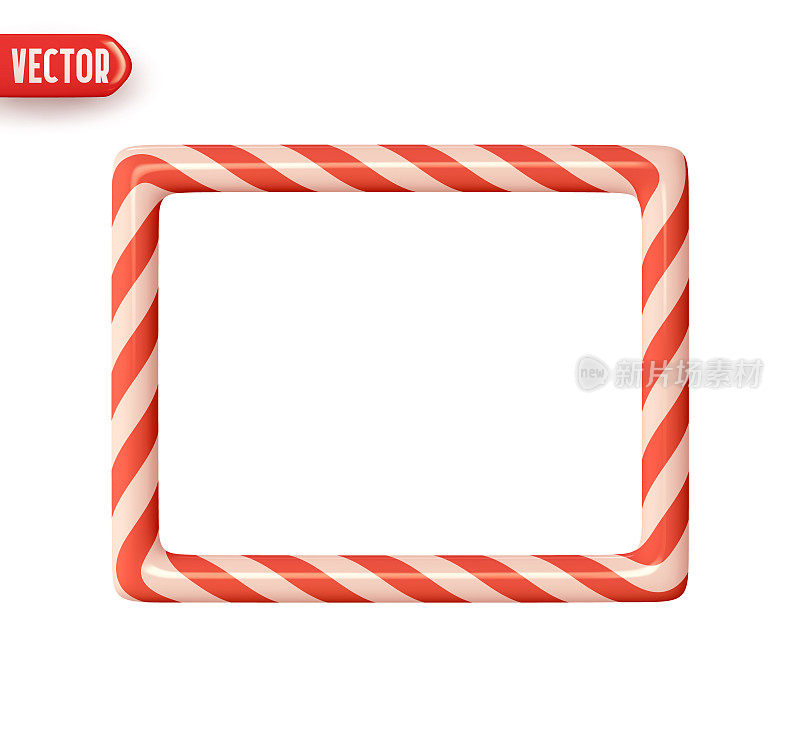 用拐杖糖做成的圣诞矩形框架。红白直线色。逼真的3d设计装饰新年假期元素。圣诞条纹糖果拐杖的边界。矢量图