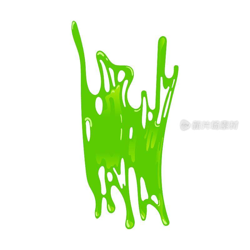 绿色粘稠和肮脏的黏液飞溅和斑点。粘性粘液飞溅或滴粘性液体的矢量图。卡通黏滴孤立在白色