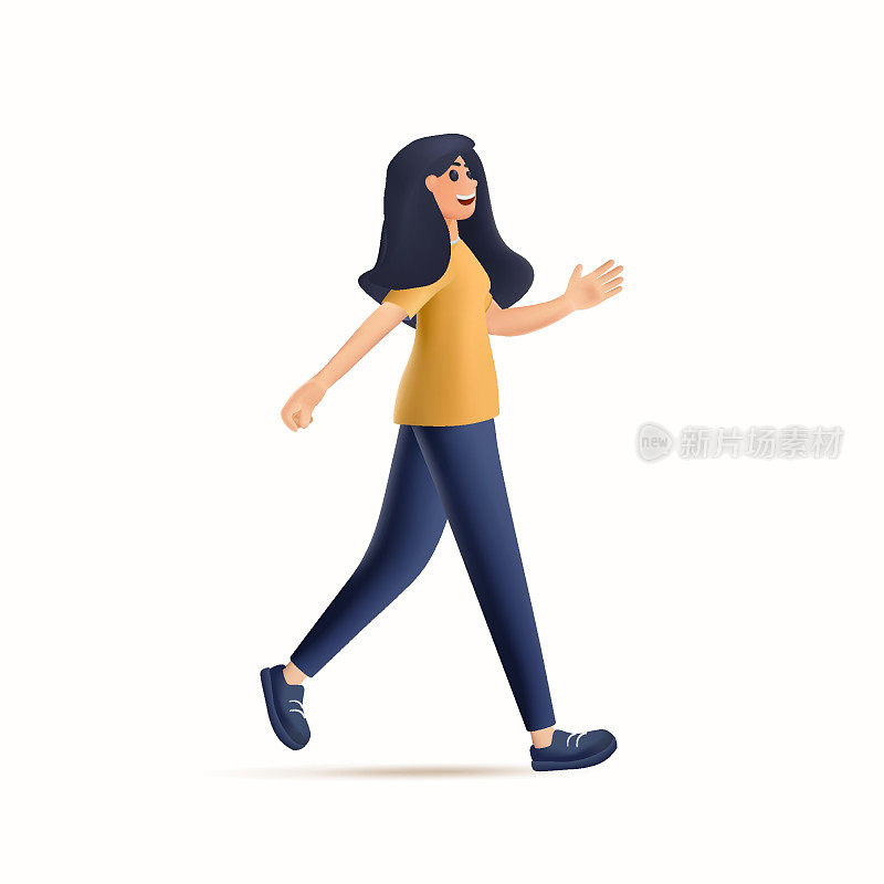 3D快乐女性角色行走。女商人快跑，期限到了，快点。走路和行人，走路的人。移动