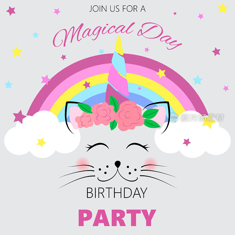 生日请柬上有一个独角兽猫的花环。儿童生日邀请函模板。可爱的独角兽猫。矢量图