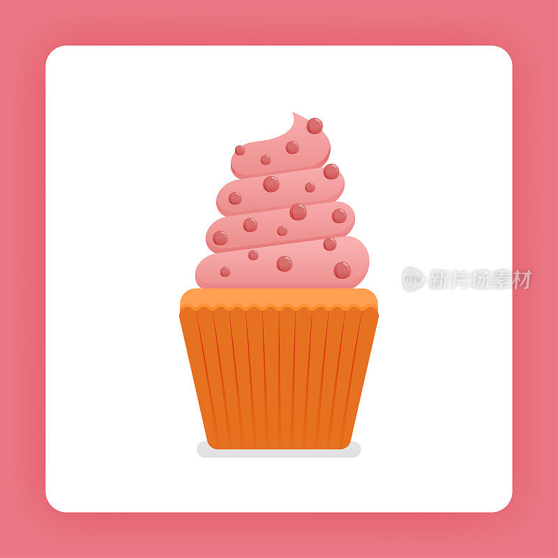 纸杯蛋糕的插图与简单的草莓冰淇淋巧克力片。生日蛋糕上的草莓松饼奶油。设计可以为书籍，传单，海报，网站，网页，应用程序，登陆页，烹饪书