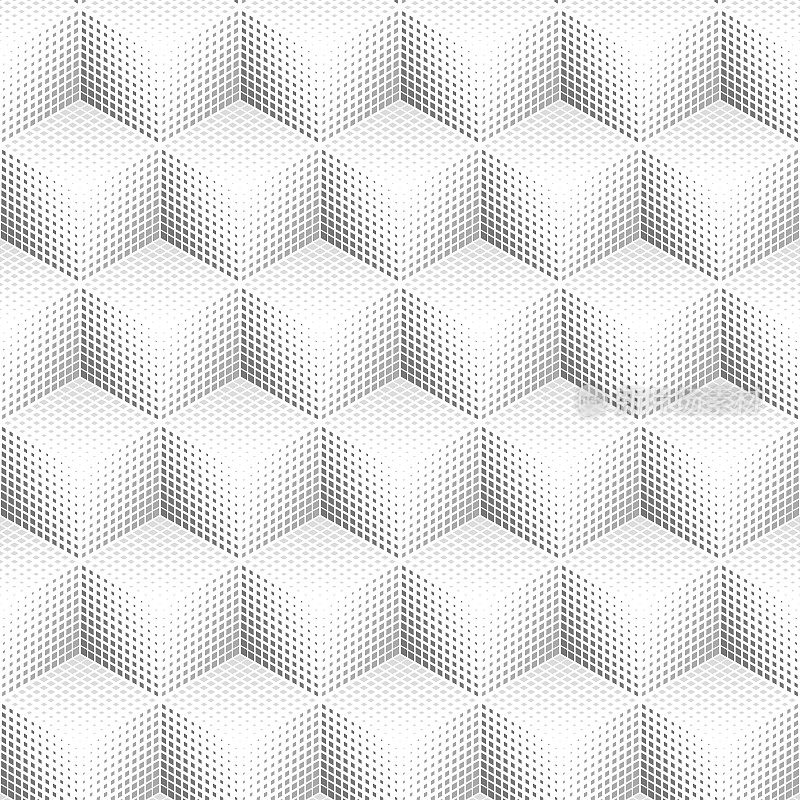 由三个菱形组成的立方体图案，每一个都填充着一个带有渐变的正方形点图案