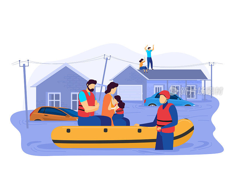 海啸后果，营救男女人物疏散救充气船灾民洪水孤立的白色，卡通矢量插画。
