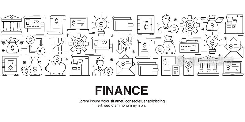 金融，矢量风格的细线图标。为图标，信息图形，移动和网页等准备模板。