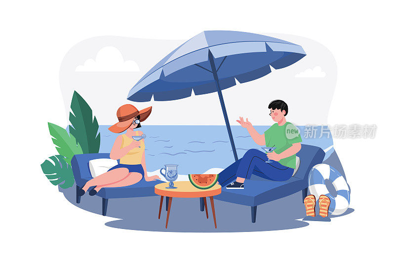 男人和女人躺在海滩休息室喝鸡尾酒