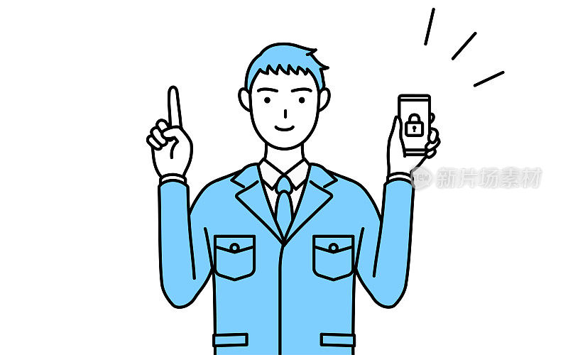 简单的线条画一个穿着工作服的男人在为他的手机采取安全措施。