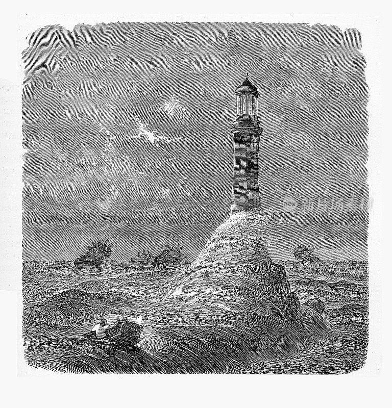 暴风雨中的埃迪斯通灯塔，建在英国康沃尔和德文郡以南9英里的埃迪斯通岩石上