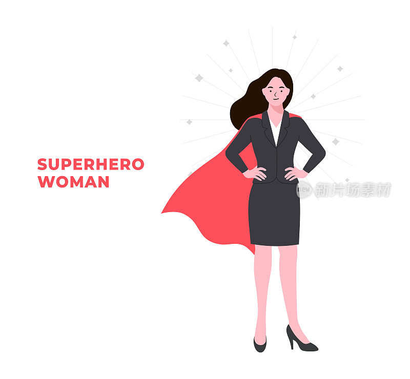 坚强的商业女性与影子想象成为一个超级英雄的期望。年轻的职业经理人。办公室成就胜利理念。挥舞着斗篷。平面矢量插图风格简单。