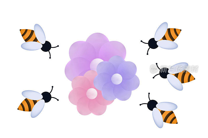 蜂群在蜂房3d。昆虫在花园或有花的田野中飞行，采集花蜜。植物授粉，概念主动联合劳动。野生动物中的蜜蜂。向量。