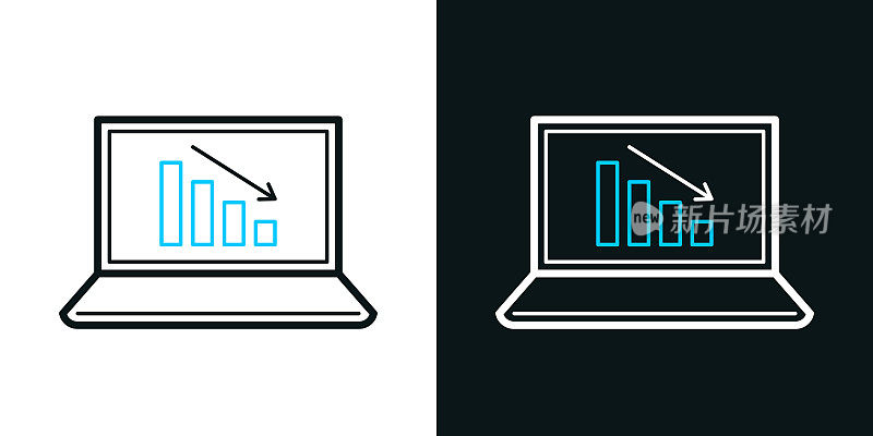 笔记本电脑上的递减图表。黑色或白色背景上的双色线图标-可编辑的笔画