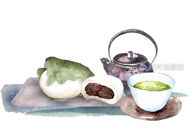 水彩画日式糖果加绿茶