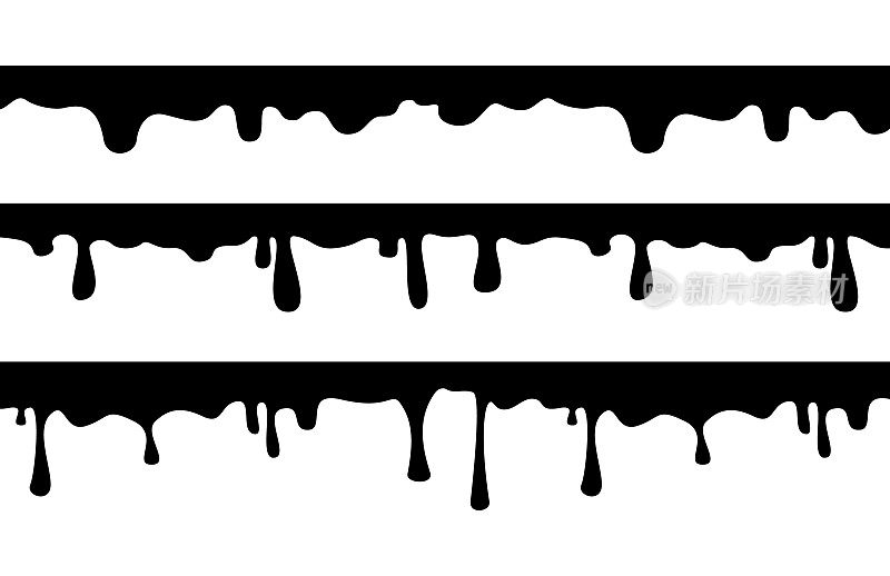 滴落油漆或液体。液体油漆滴。流动的油漆，污渍。黑色熔漆。适用于任何颜色和任何设计。向量