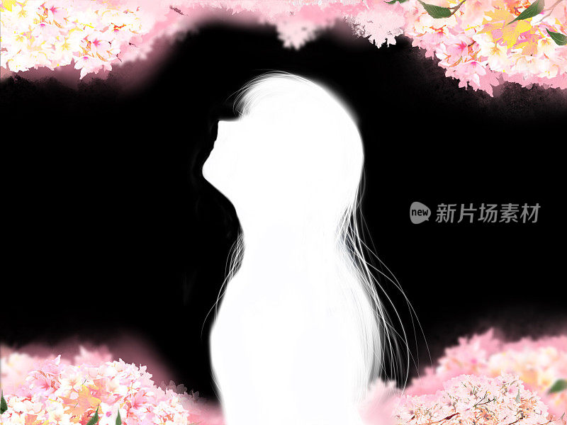 樱花盛开的夜晚，悲伤的青春描绘了一个女孩的剪影，她的长发在春风和黑色的背景中飘扬。