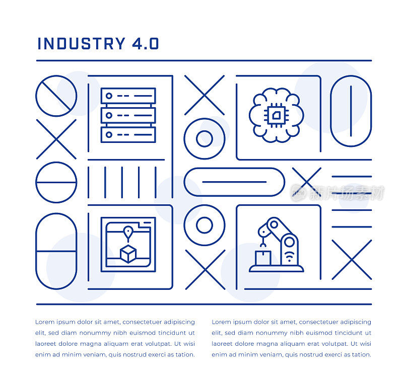 工业4.0网页横幅设计与大数据，人工智能，3D制造，网络物理生产线图标