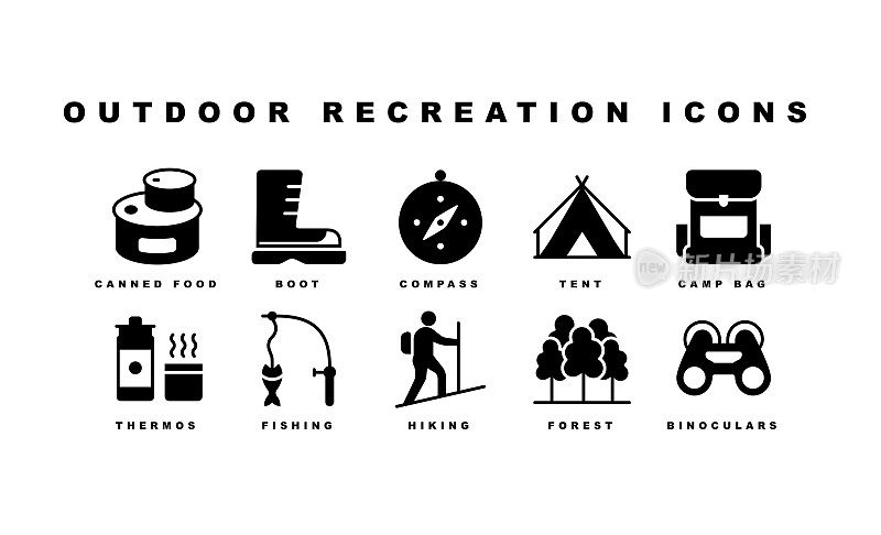 户外娱乐，露营，背包，指南针，大篷车，钓鱼图标