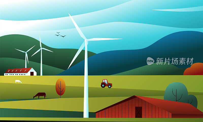 乡村景观与田野，山丘，拖拉机，风力涡轮机和谷仓，全景视图。乡村的矢量插图。绿色能源概念。有机农场，清洁电能