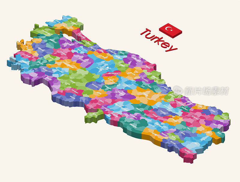 土耳其行政区划三维(等距)隔离地图，按省份和地区着色