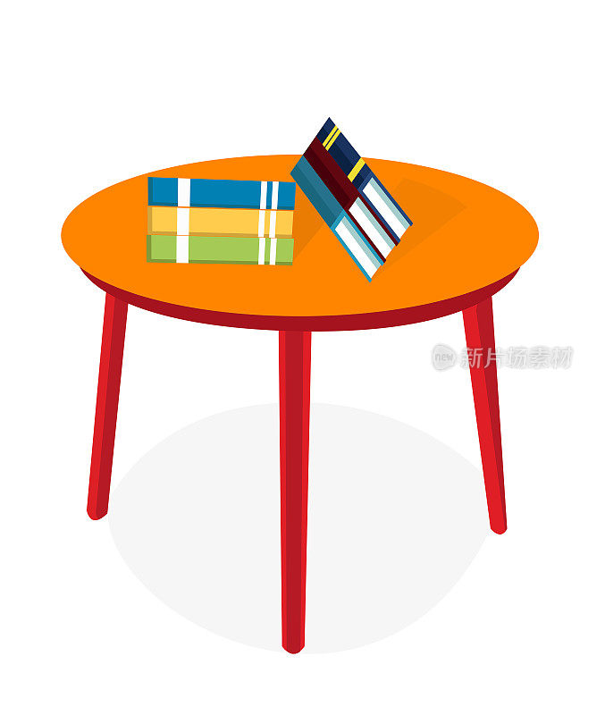 圆桌上放着一张彩色的木桌和一套书。室内装饰，木质家具。时尚的圆形三脚桌，家用凳子，书房桌上的书