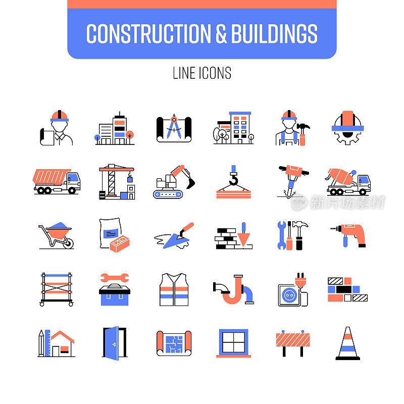 建筑和建筑物线图标集。项目，建筑，房子