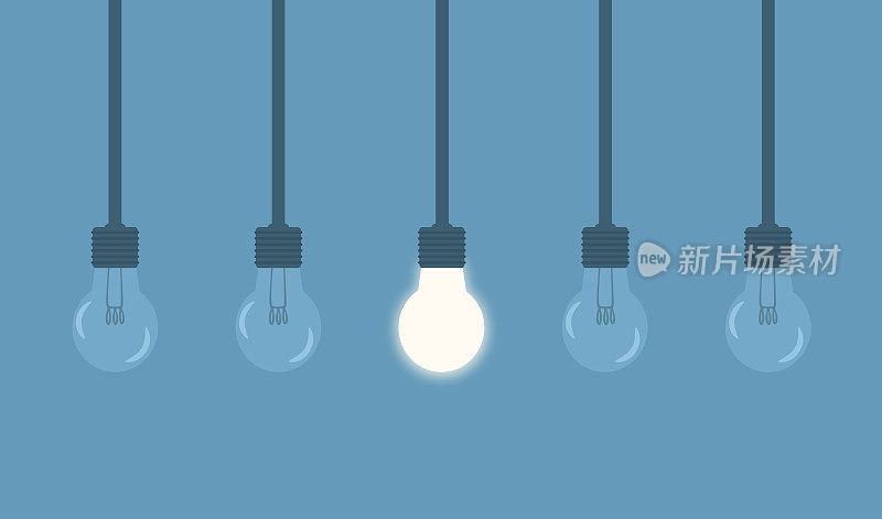 从人群中脱颖而出，以不同的方式思考，个性和领导理念与蓝色背景上发光的悬挂灯泡