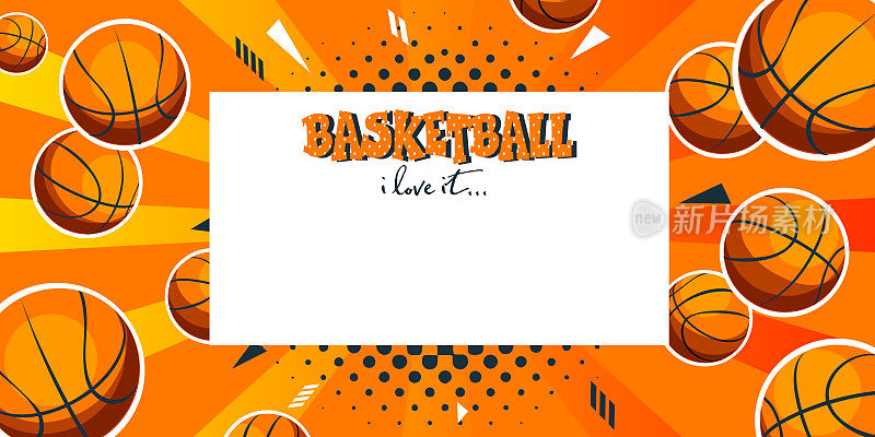 明信片模板在平面风格。篮球在抽象的彩色复古背景与文字的地方。