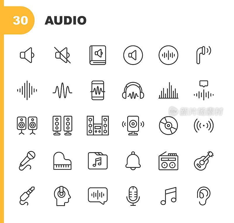 音频线路图标。可编辑的中风。包含声音，音量，静音，音乐，声波，频率，立体声，混音器，扬声器，耳机，音乐，收音机，麦克风，耳机，说话，耳朵等图标。