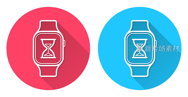 沙漏式智能手表。圆形图标与长阴影在红色或蓝色的背景