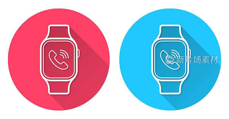 智能手表有来电功能。圆形图标与长阴影在红色或蓝色的背景