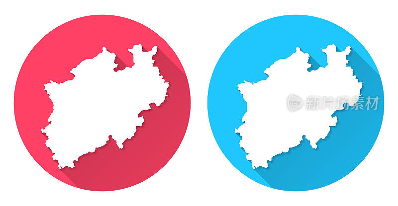 北莱茵-威斯特伐利亚地图。圆形图标与长阴影在红色或蓝色的背景