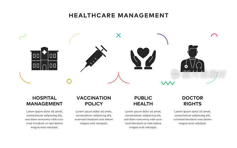 医疗保健管理概念信息图表设计与4步固体图标